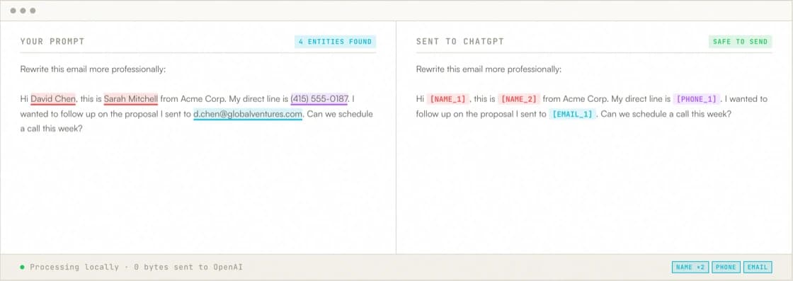 Obscura privacy interface with sample data
